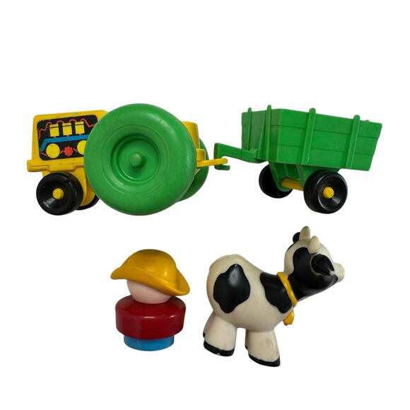 FISHER-PRICE Vintage Little People 1990 Tractor Trailer Cow Farmer Green Cowboy - Picture 6 of 10